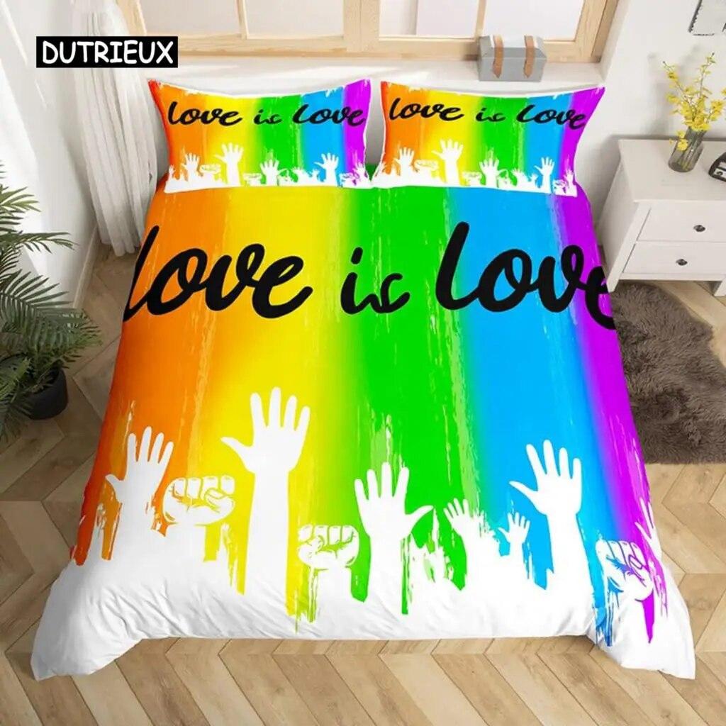 „Love is Love“-Bettbezug, Regenbogen-Bettwäsche-Set, „Pride for Love“-Thema, romantischer Bettdeckenbezug, bunter Cartoon-Auto-Tagesdeckenbezug, dreiteiliges Set