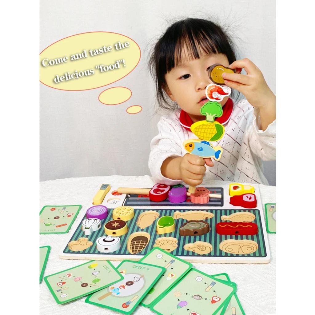 Children Barbecue Food Kitchen Toys Miniature Food Pretend Play Matching Cutting Games Toddlers Montessori Education Wooden Toy