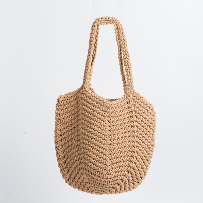 

New shoulder cotton thread straw bag women s handwoven bag large capacity bucket bag versatile vacation beach bag straw bag Open (without lining)