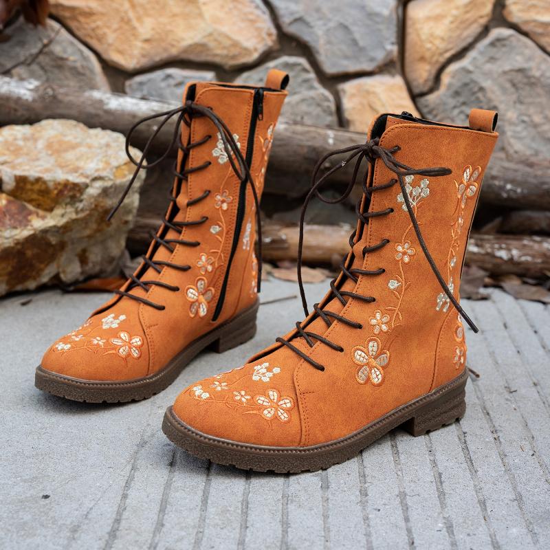 Woman Ankle Boots Retro Embroidery Spring Autumn Shoes Women Casual Thick Low Heel Side Zip Western Round Head Fashion Botines
