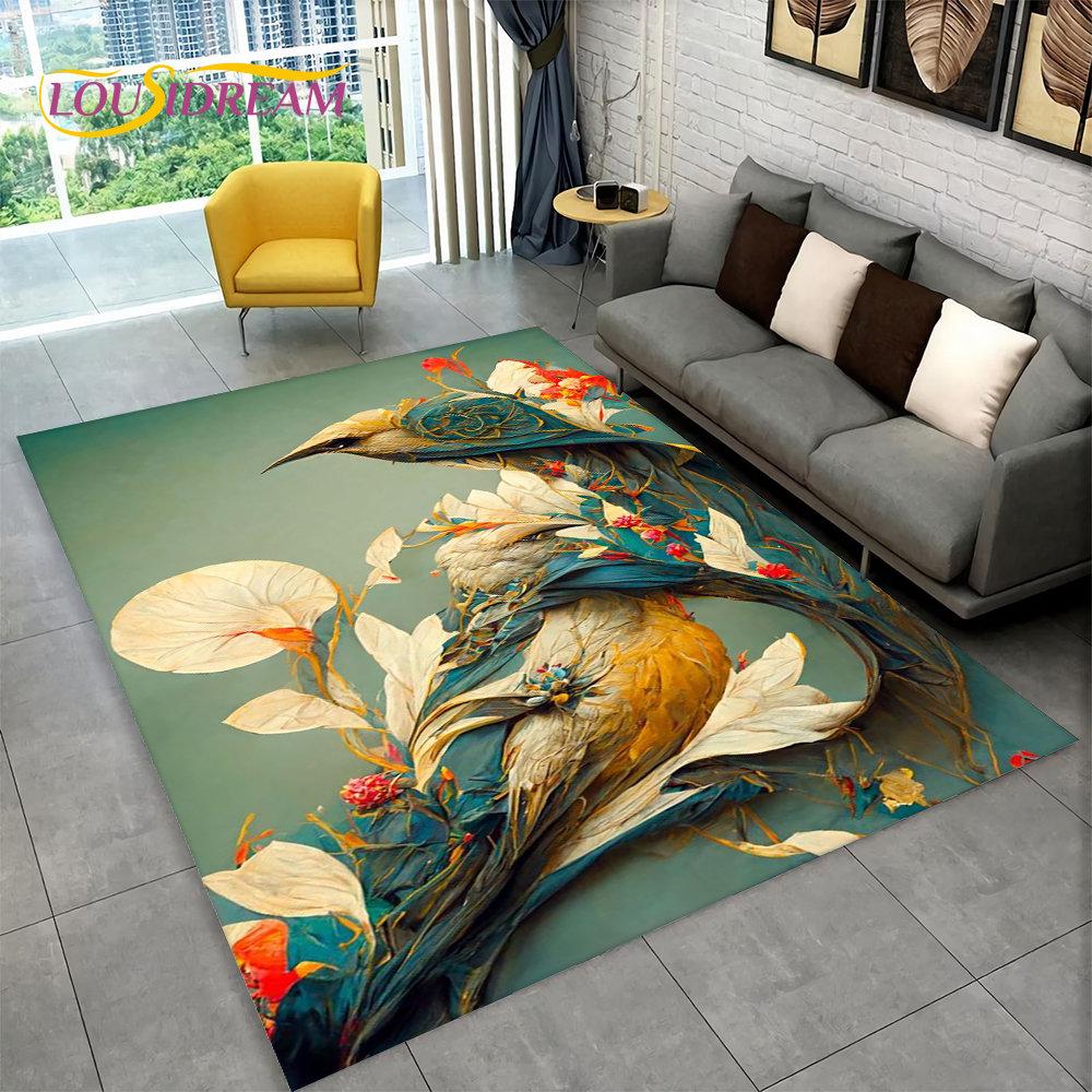3D Exquisite Bird Flower Animal Area Rug,Carpet Rug for Home Living Room Bedroom Sofa Doormat Kitchen Decor,Non-slip Floor Mat