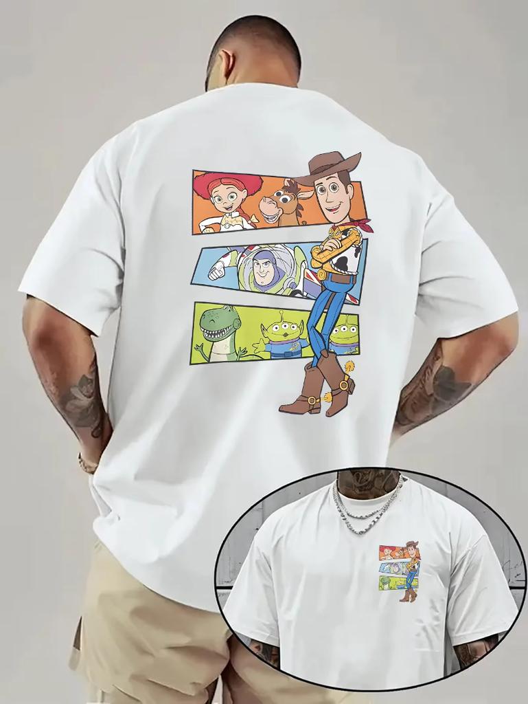 Men's Disney Toy Story Woody and Buzz Lightyear T-shirt - Loose Short Sleeved Shirt, Iconic Pattern Pure Cotton Comfortable Top