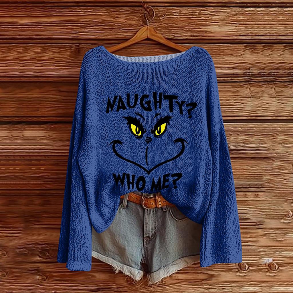 Women's Round Neck Lightweight Sweater Casual Long Sleeve Christmas Print Knit Pullover.