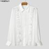 INCERUN Oversized Men Lapel Neck Long Sleeve Ruffled See Through Transparent Party Club Loose Shirts