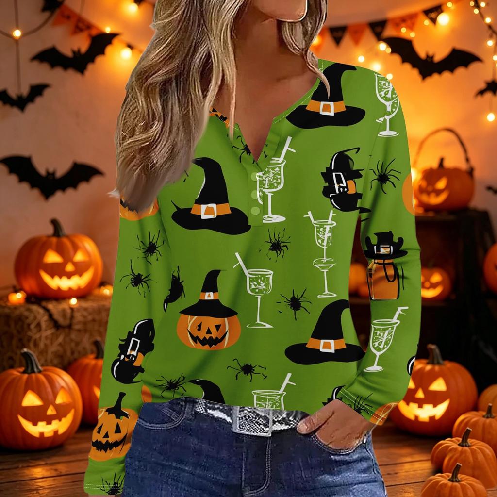 Damen Casual V-Ausschnitt Langarm T-Shirt mit dekorativen Knöpfen und Halloween-Thema Aufdruck für den täglichen Gebrauch