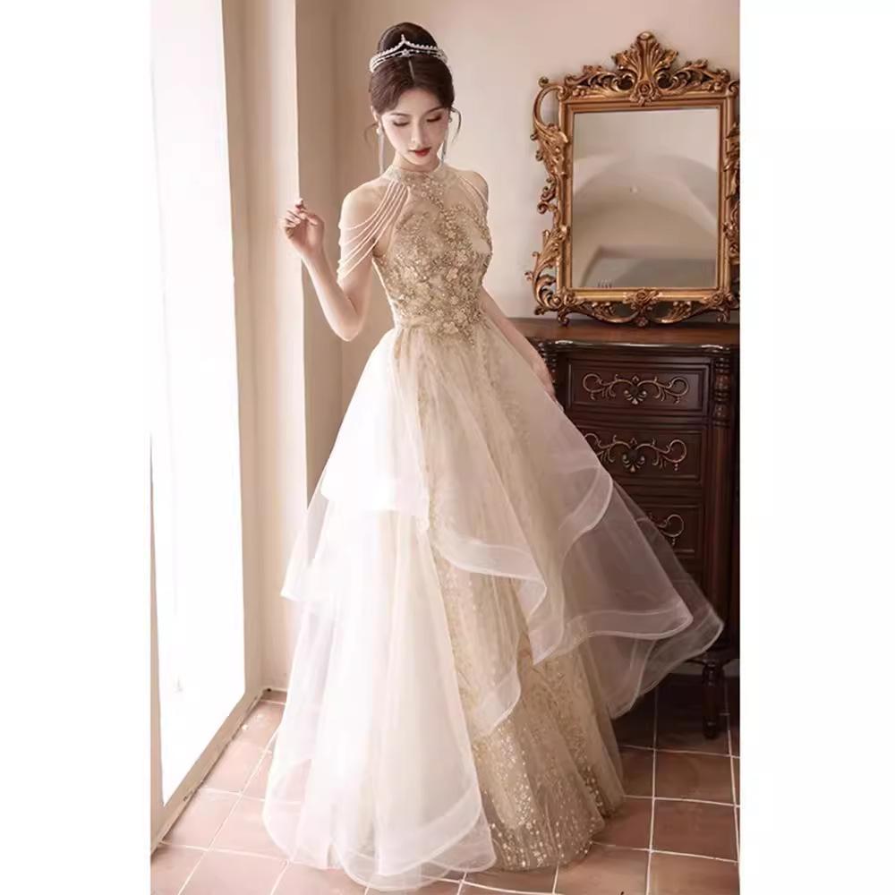 Champagne Neck Evening Dress 1011 New Adult Ceremony Birthday Banquet Light Luxury Niche High-end Art Test Tutu Skirt