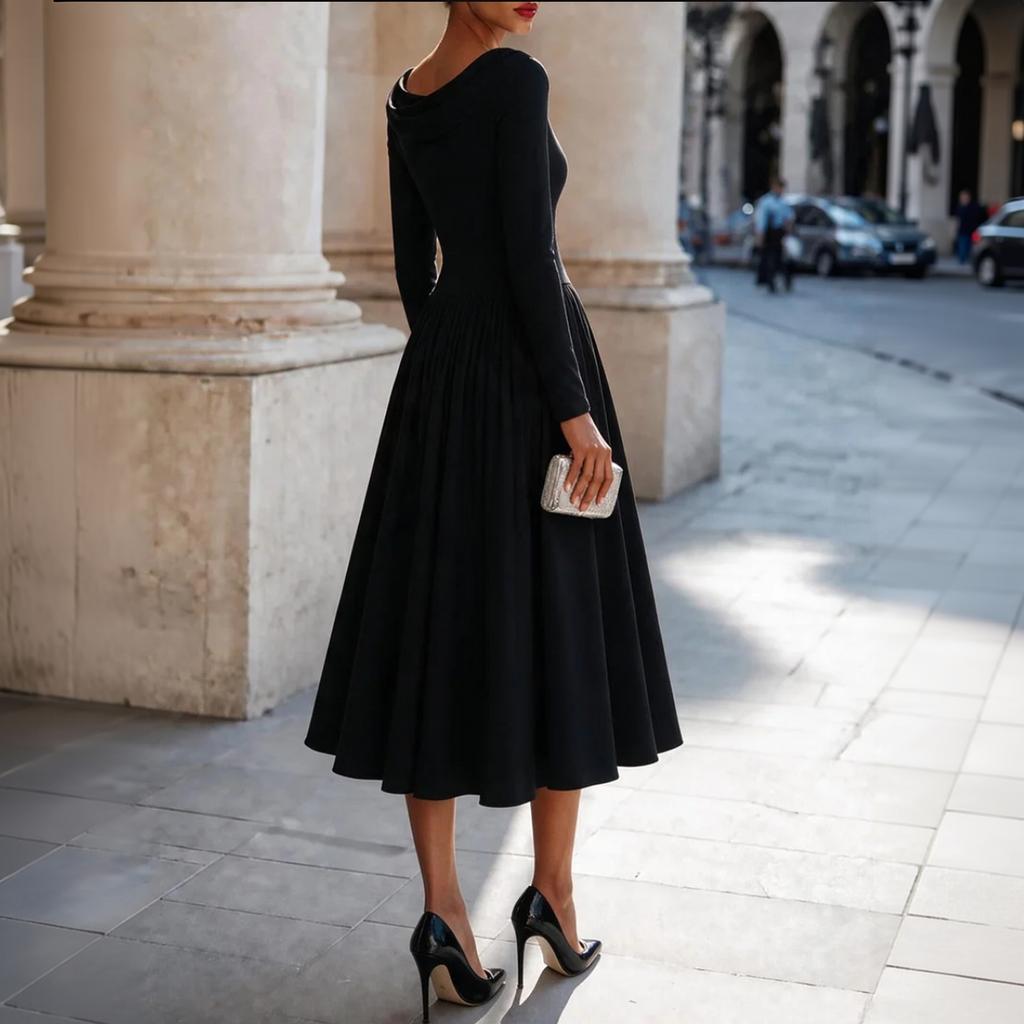 Damen Langarm Rollkragen Midi Kleid A-Linie Fließendes Partykleid für Abendveranstaltungen