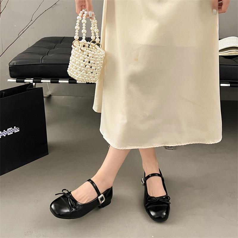 Round Head Bow Flat Sole Shoes Women's Summer New Versatile Small Leather Shoes Shallow Mouth Mary Jane Skirt