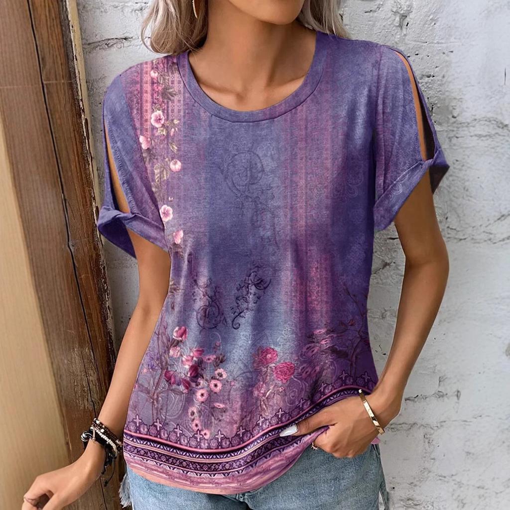Summer Women's Printed Pattern Round Neck T-Shirt Short Sleeve Pullover Best for Summer Plus Size