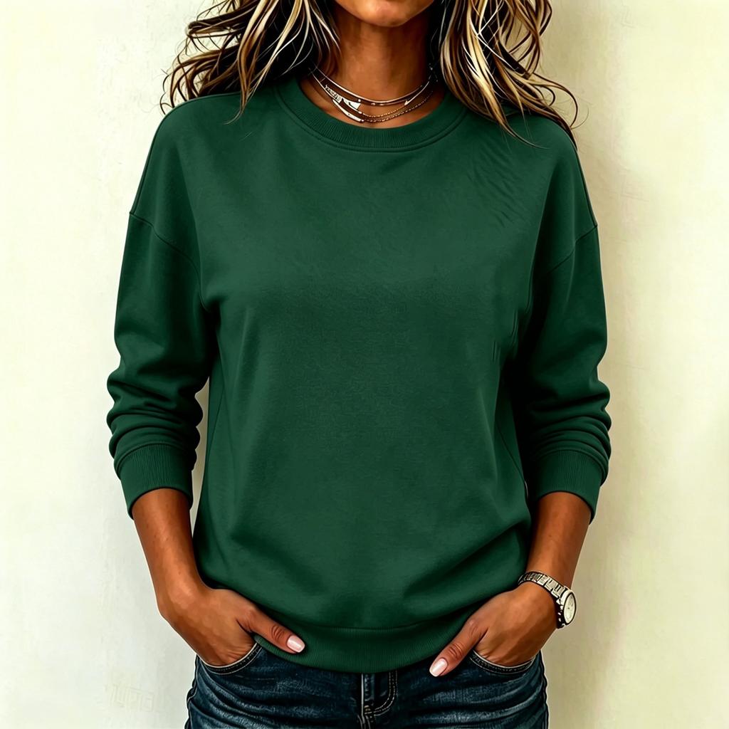 Women's Fashion Long Sleeve Pullover Sweatshirt Crew Neck Solid Color Casual Lightweight Soft Fabric Top for Everyday Wear