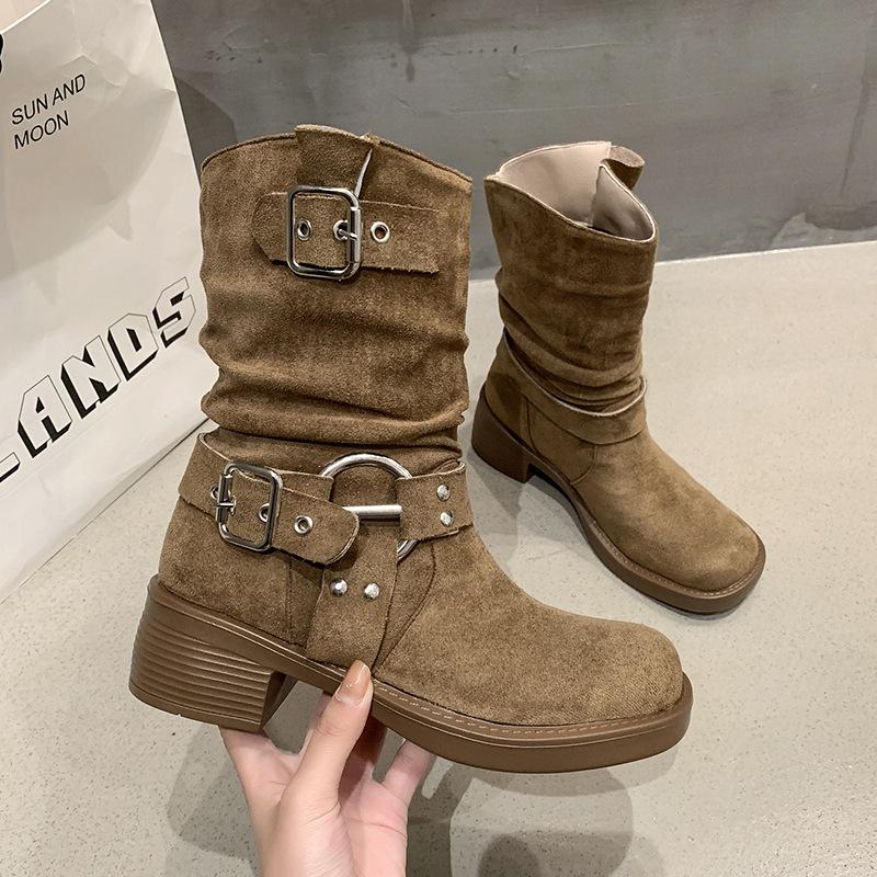 Fashion Western Cowboy Boots Women's 2025 New Autumn Internet Celebrity Explosion Thick Heel Short Boots Slim Pile Martin Boots