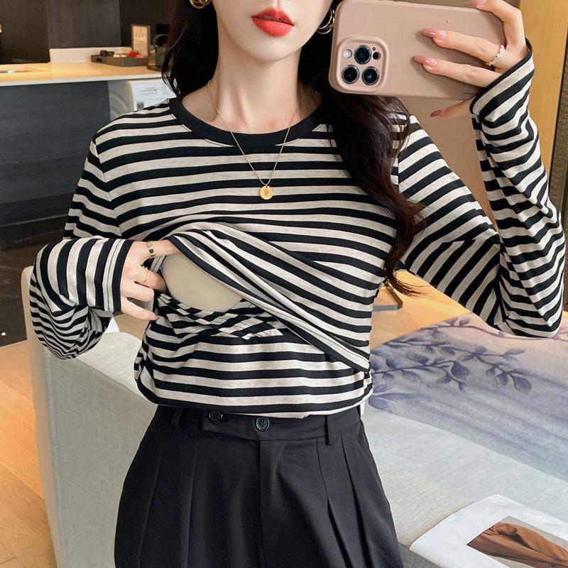 2026 Early Spring Striped Cotton Nursing T-shirt for Postpartum XL