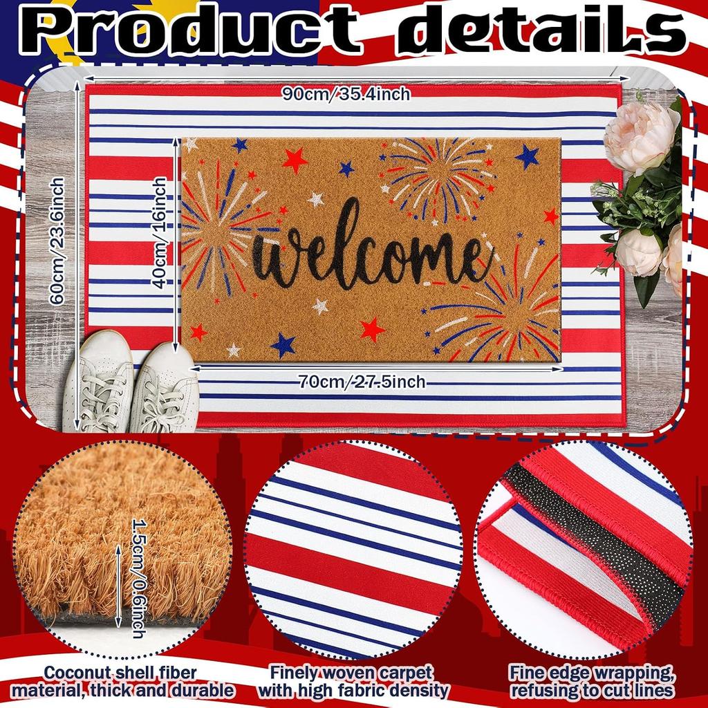 Door Mat Outdoor USA Red White Blue Welcome Rug Patriotic Mat Non-Slip Independence Day Freedom Memorial Day Indoor Entrance Outside Porch Front Decor