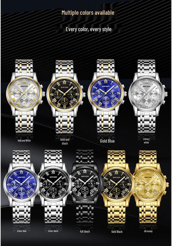 Sanda Men's Waterproof Luminous Quartz Watch - Fashionable Three-Eye Six-Hand Design with Steel Band.