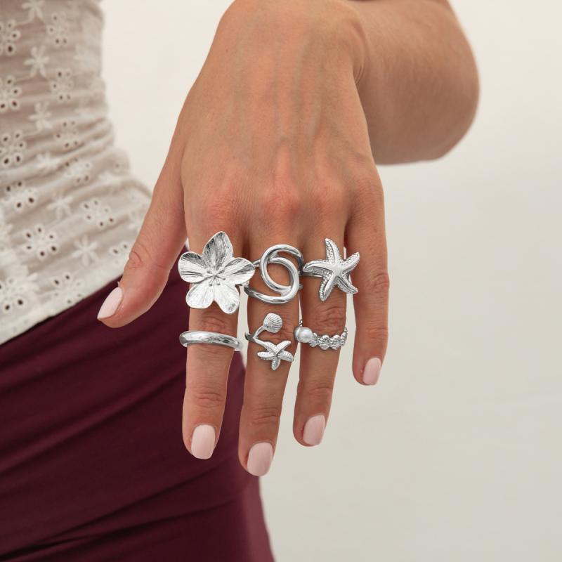 6 Pcs/Set Vintage Sun Starfish Open Rings For Women Men Punk Irregular Pleated Pearl Ring Vacation Beach Personalized Jewelry