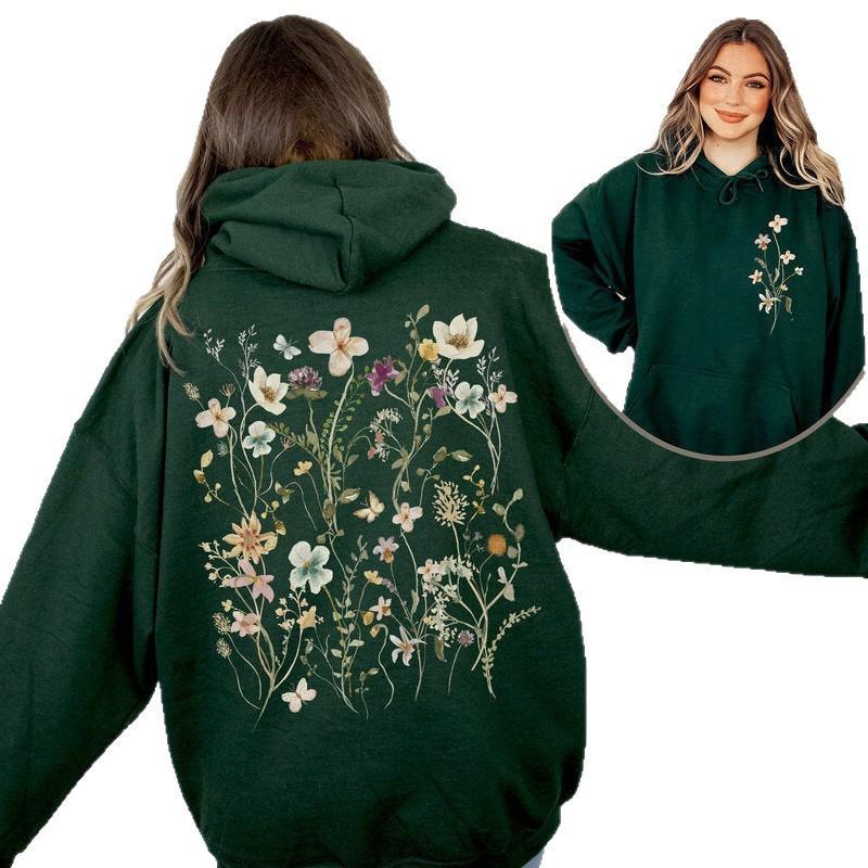 2025 Trendy Floral Print Casual Loose Pullover Plus Size Hoodie Sweater
