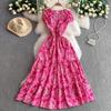 French light and mature style temperament printed V-neck dress women's new elastic pleated waist thin ruffle edge dress