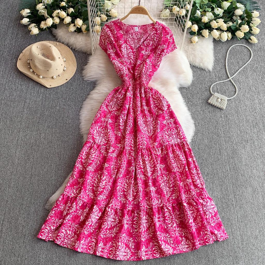 French light and mature style temperament printed V-neck dress women's new elastic pleated waist thin ruffle edge dress
