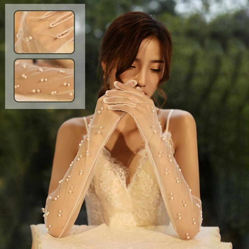 Long Tulle Gloves with Pearls Decoration Sheer Wedding Bridal Gloves Elbow Length for Costume Party Opera Prom