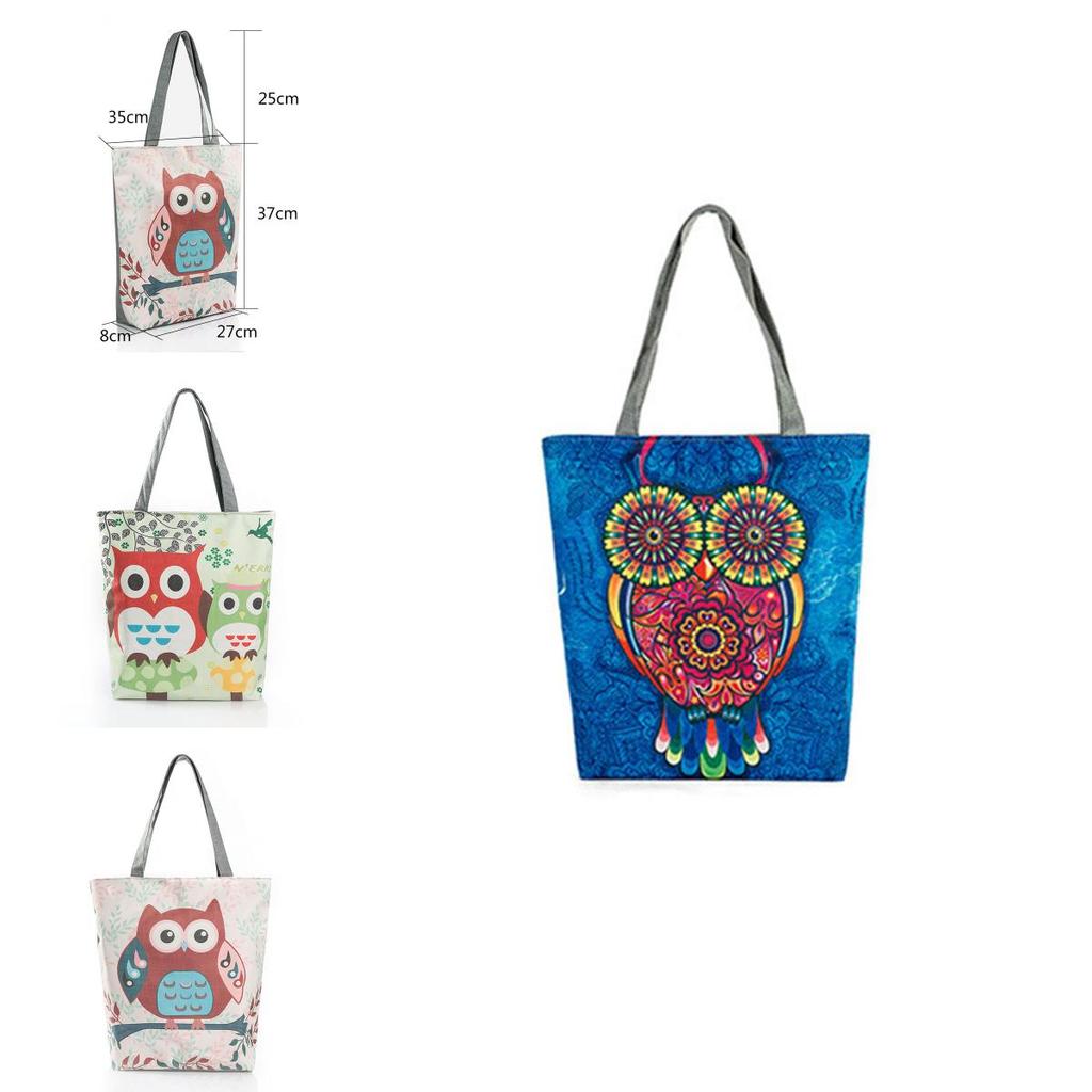 Stylish Women's Canvas Tote Shoulder Handbag Featuring Owl Design For Travel And Shopping