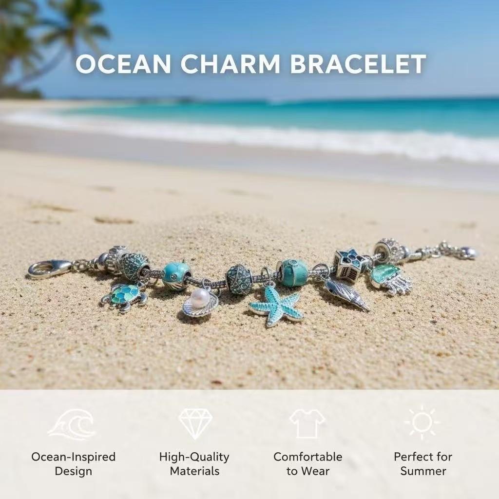 Bracciale con Ciondolo Stella Marina e Conchiglia per Donna e Uomo con Perline Stile Oceano