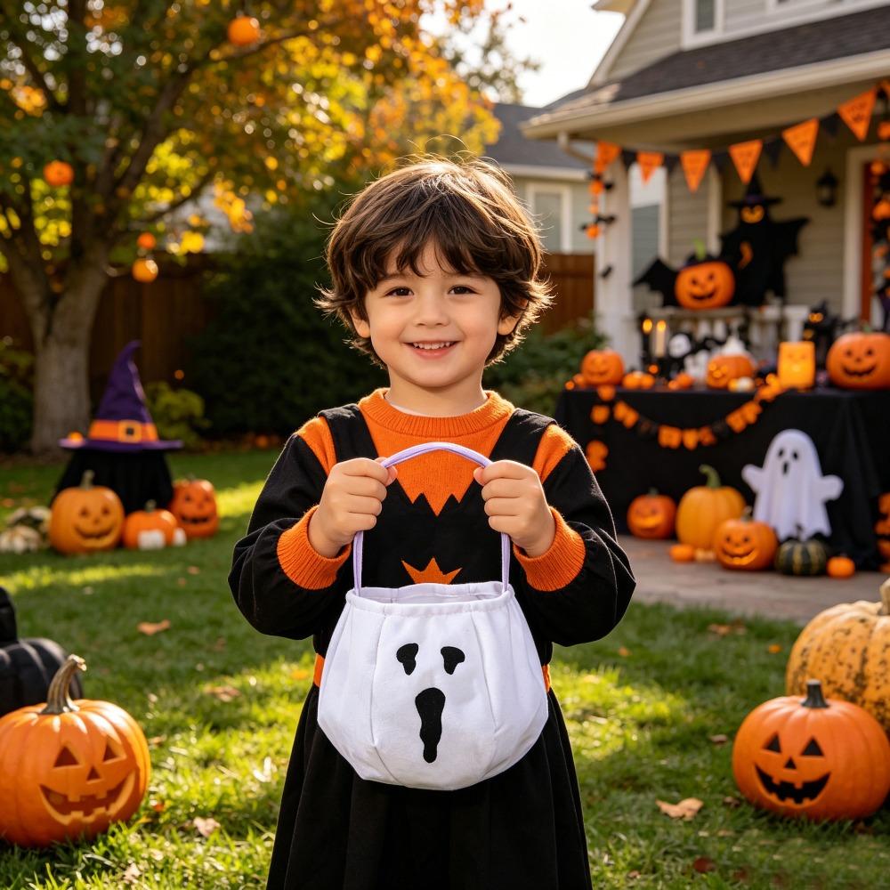 Non-woven Fabric Trick-Or-Treat Candy Basket White Snack Storage Bag Halloween Candy Bucket  Party
