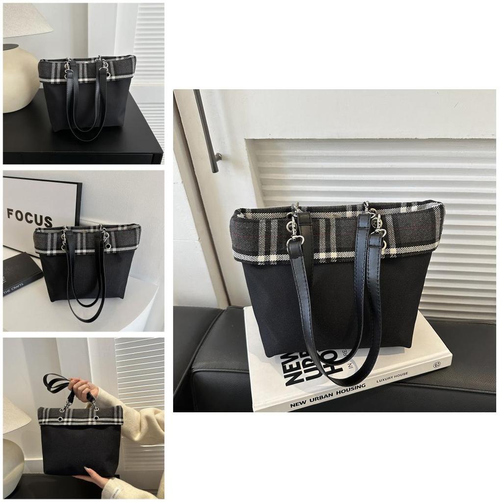 Korean Plaid Fabric Bucket Bag Women's Bag 2024 Winter New Texture Fashion Simple Shoulder Bag