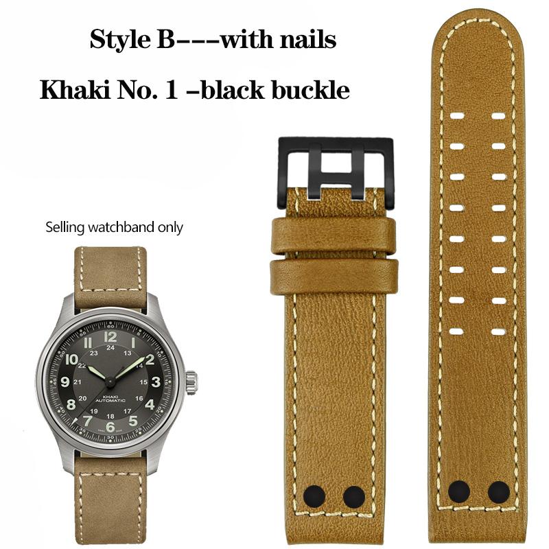 20mm 22mm Genuine Leather with Nails Watchband For Hamilton Khaki H77616533 H70615733 Series Men's Watch Band Strap Wristband