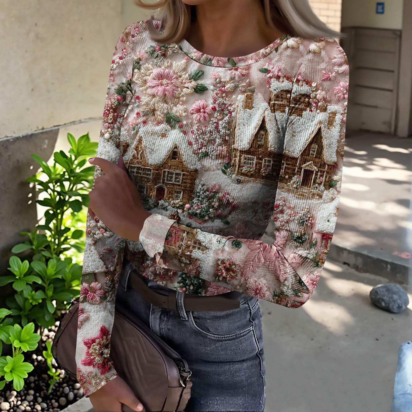 

Женская футболка с облегающим низом, модная повседневная с градиентным принтом, пуловер с круглым вырезом и длинными рукавами XL