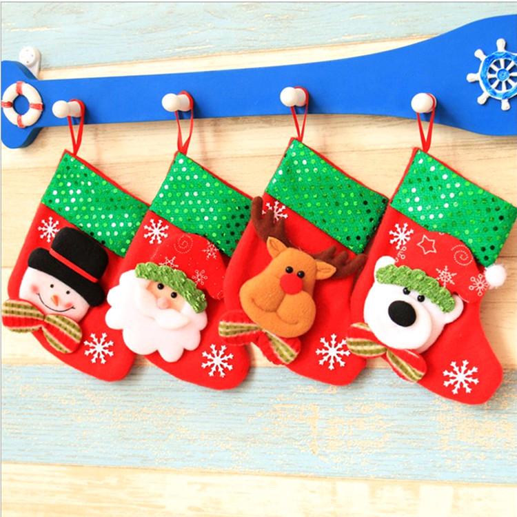 Mini Christmas Stocking Gift Bag Cartoon Santa Snowman Elk Bear Sequin Xmas Sock Ornament Tree Hanging Decor