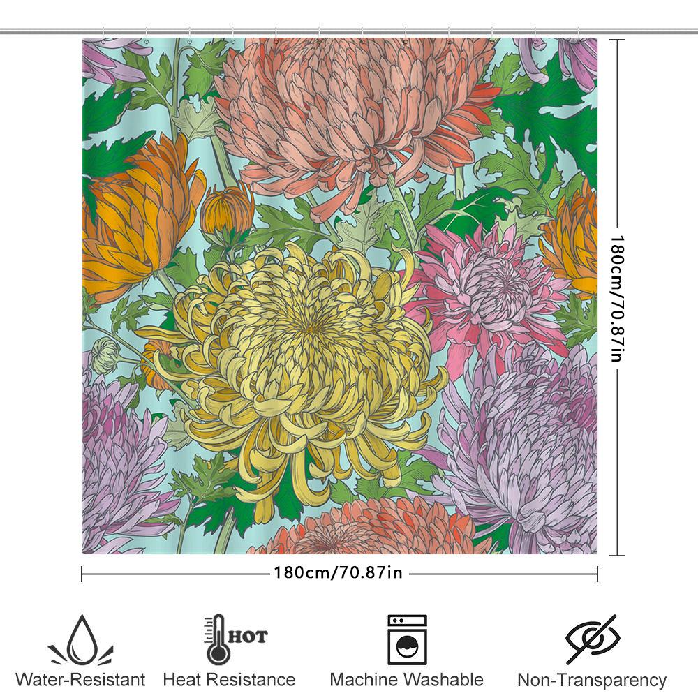 Floral Shower Curtain Bath Mat Decor With Chrysanthemum Design, Pink Yellow Green White Purple Colors, Waterproof Fabric For Bat