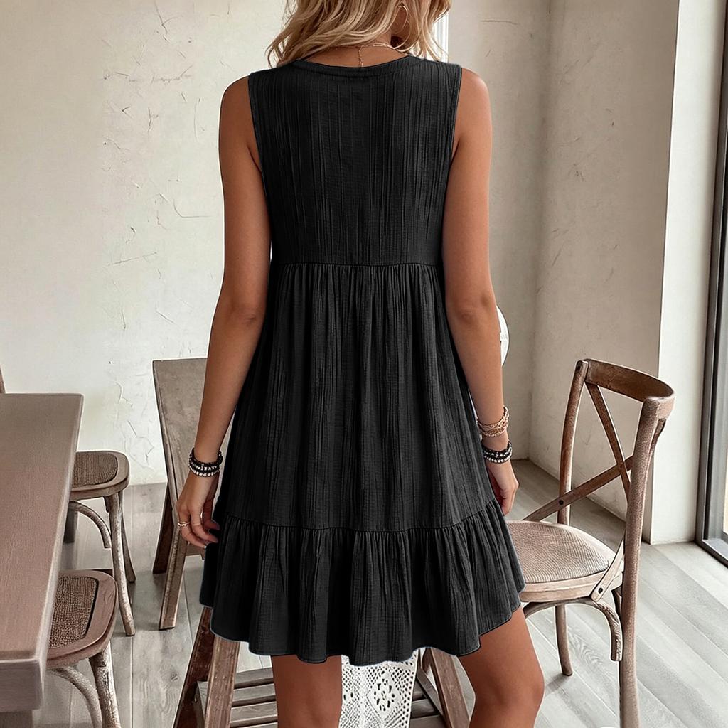 Women V Neck Loose Fit Sleeveless Dress with Pleated Texture and Casual Relaxed for Summer Wear