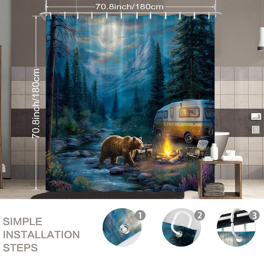 Camping Bear Shower Curtain  Moonlit Forest, Bear at Campfire & Retro Van, Outdoor Nature Bath Curtain for Men and Home Decor