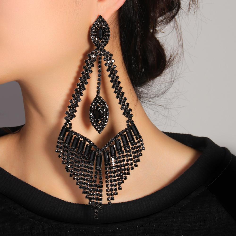 Black Large Geometric Rhinestone Dangle Earring for Women Statement Accessories Drop Crystal Tassel Earrings Party Jewelry