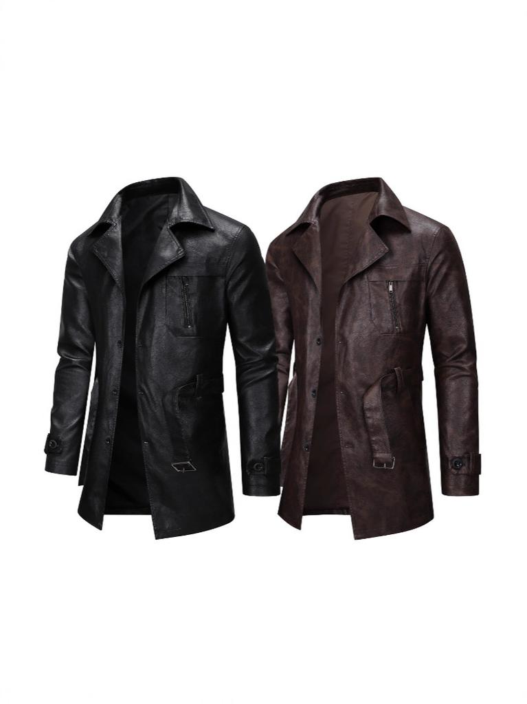 New European size men's mid-length leather trench coat, suit collar, leather jacket, casual trendy belt jacket for men