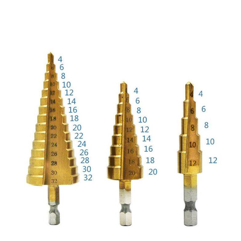 HSS Titanový stupňovitý vrták Kónický stupňovitý vrták na kov Dřevo Vysokorychlostní stupňovitá sada vrtáků Elektrické nářadí 3-12 4-12 4-20 4-32mm