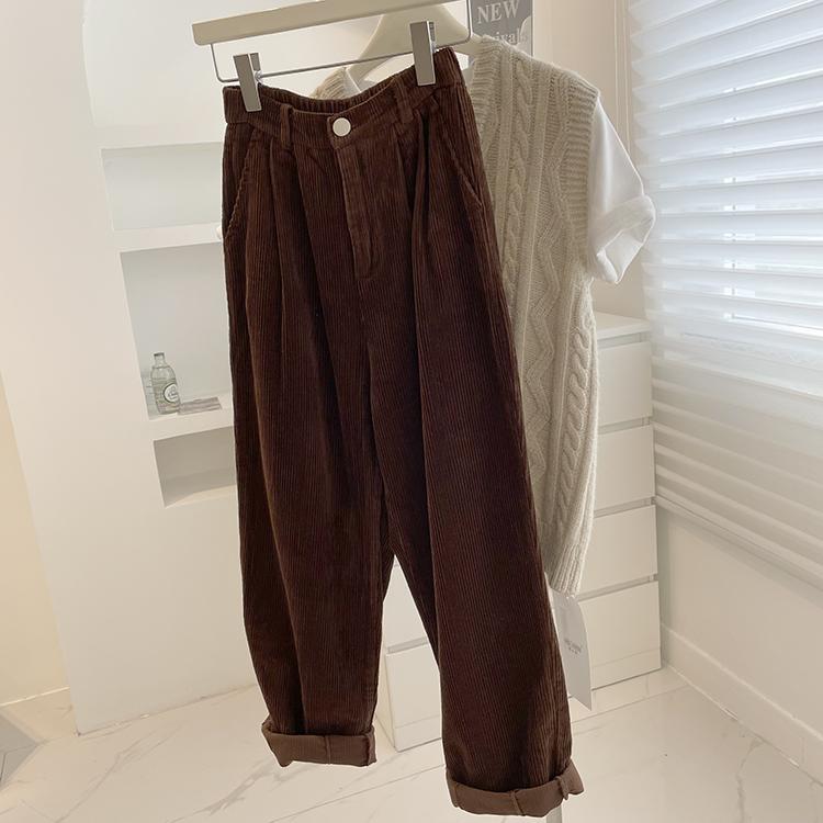 Women's Autumn and Winter Plus Size Corduroy Trousers Warm Tall Waisted Thin Loose Casual Corduroy Wide Legged Straight Trousers