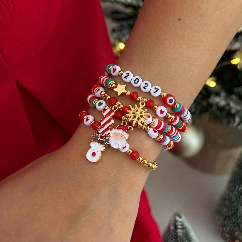 Christmas Bracelet Set For Women Multicolor Polymer Clay Beaded Santa Claus Elk Snowflake Xmas Tree Heart Bangle Party Jewelry