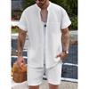 Men Casual Summer Short Sleeve Shirt And Shorts Henley Neck Pocket Beach Clothing Set