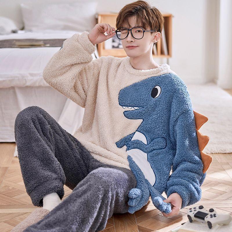 Pajamas Sleepwear for Sleeping Cute Cartoon Pajamas Set Loose Men's Winter Flannel Pajamas Warm Plush Pijama Hombre