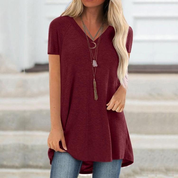 Plus Size Women Fashion V Neck Ramidos Print Short Sleeved Long Tshirt Blouse S