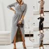 Women's Color Sexy V-Neck Dress Dress Long Sleeve Slit Waist Dress