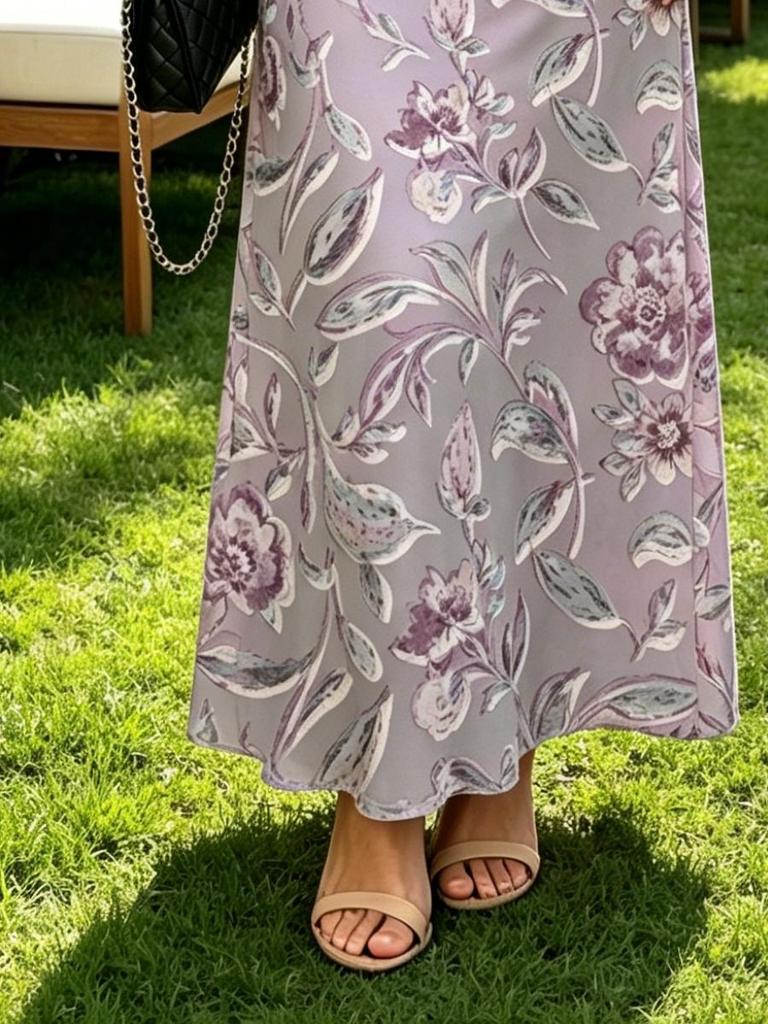 Stylish Grey-Purple Floral V-Neck Dress, Flutter Sleeve Slim Elegant Maxi for Spring Summer Casual