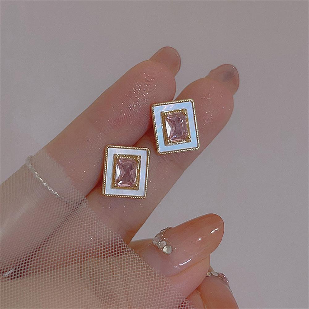 Розовые циркониевые геометрические прямоугольные серьги-гвоздики в форме ракушки 2025 новый сладкий и крутой стиль серьги серьги
