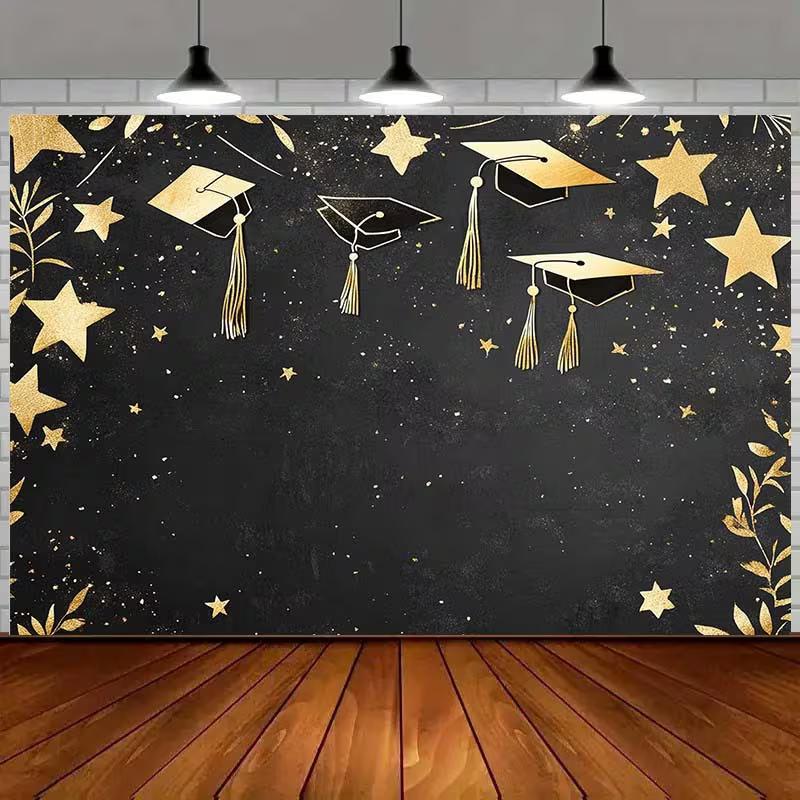 2D Flat Printing Black Gold Graduation Background Cloth for 2026 Graduation Ceremony Photoshoot