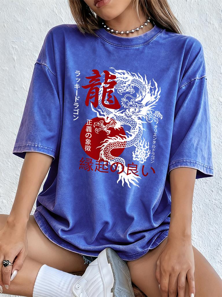 Lucky Oriental Dragon Printed Washed TShirts Womens Cotton Oversize Tops Street Distressed ONeck T Shirt Summer Womens Clothes