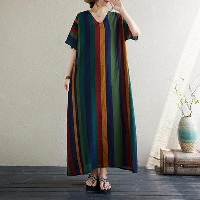 Short Sleeve Plus Size Cotton Vintage Stripe New In Dresses for Women Casual Loose Long Summer Dress