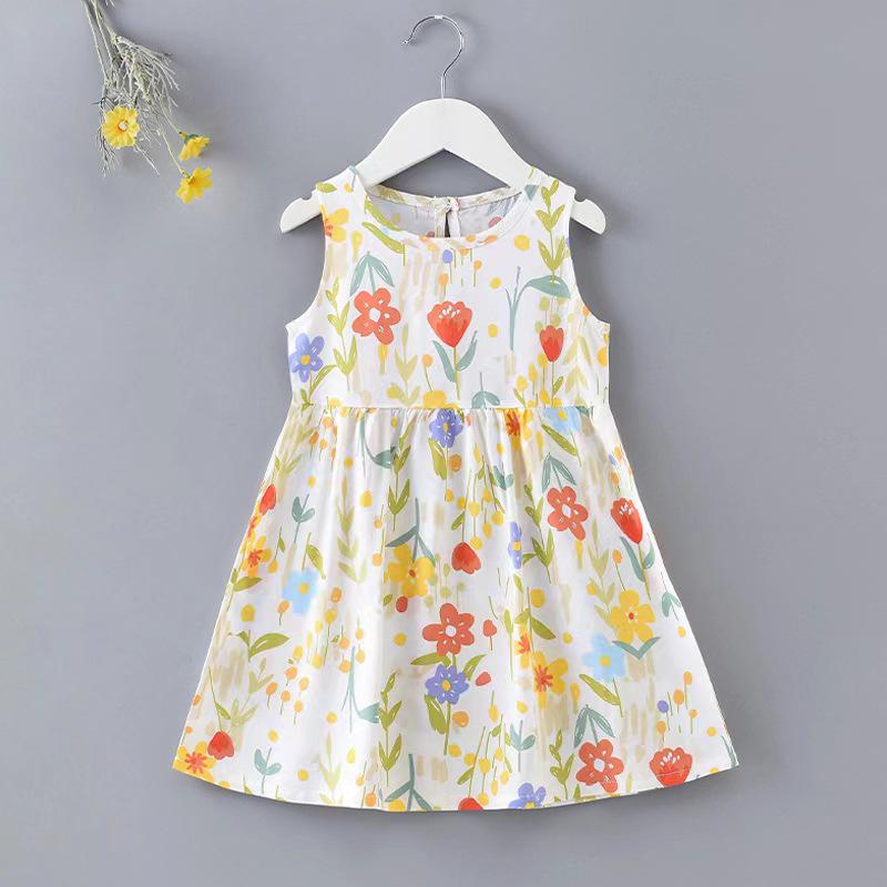 Girls' Floral Summer Princess Beach Dress, Cotton Silk Tank, A-line Skirt