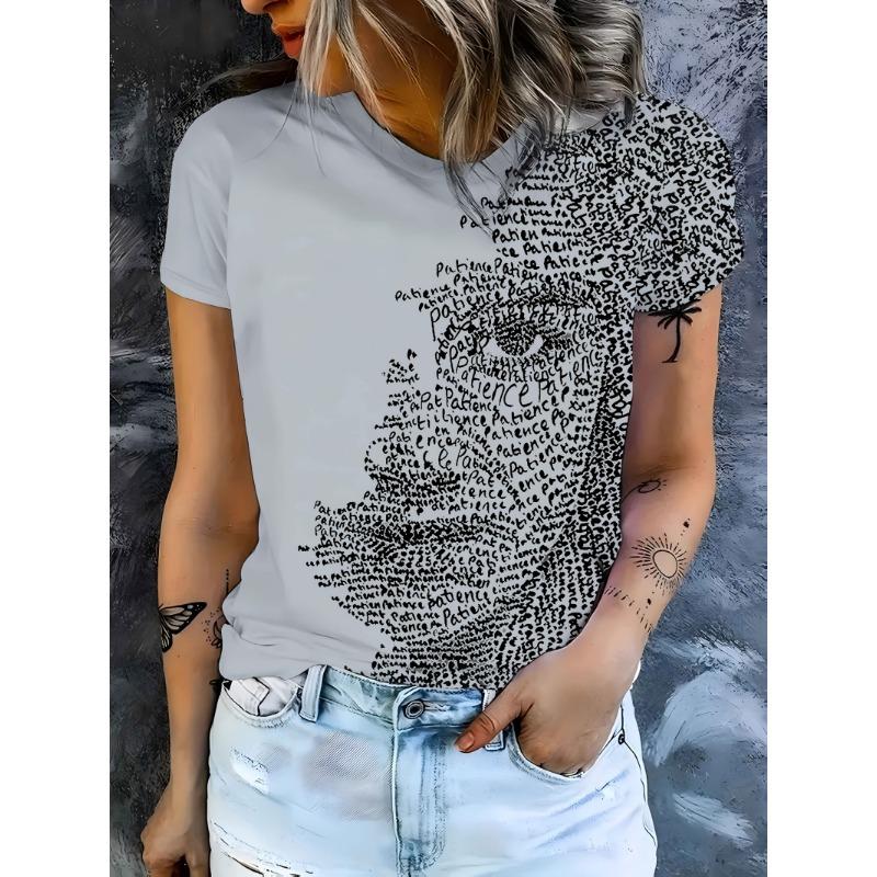 

Petien letter art lady portrait, novel women s clothing, round neck short sleeved T-shirt, fashionable women s clothing, artistic abstraction S