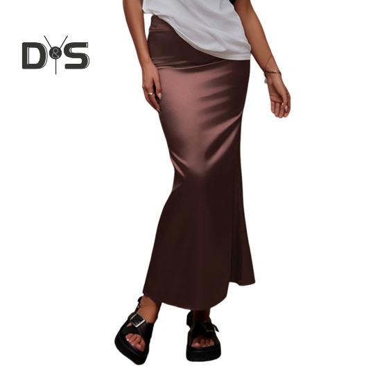 Women Fishtail Skirt with Large Hem High Waist Hip Wrapped Imitation Silk Maxi Skirt Solid Color Slimming Satin Skirt